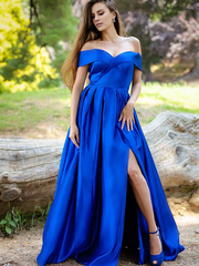 Jimiss A-line/elegant ruffled satin off shoulder sleeveless and floor Prom dress