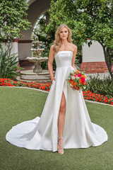 A-line strapless cuffs collar back bow and floor length wedding dress