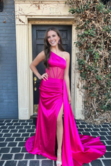 Jimiss One Shoulder Hot Pink Split Mermaid Long Prom Dress