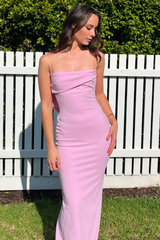 Jimiss Fashion Tight Thin Shoulder Strap Ruffle Pink Long Prom Dress