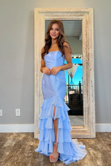 Jimiss off shoulder blue layered slit mermaid long dress