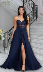 A-line floral embroidery strapless side slit and floor length Prom dress