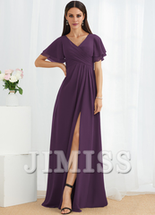 A-line V-neck floor-length chiffon bridesmaid dress