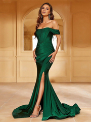 Shoulderless pleated wrap hem and floor length formal dress