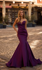 Jimiss off shoulder strapless mermaid satin and floor length evening dress