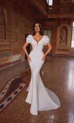 Deep V-neck slim fit trumpet shaped V-shaped back rose short sleeved wedding dresses
