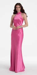 Jimiss halter neckline satin backless and floor length Prom dress