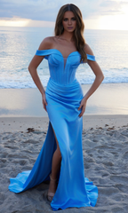 Jimiss off shoulder V-neck pleated back zipper side slit and floor length evening dress