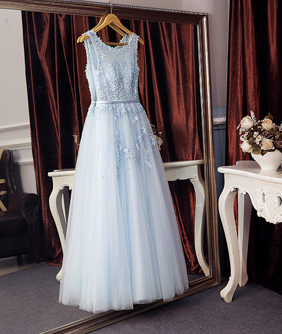 Light blue round neck lace tulle long prom dress blue evening dress