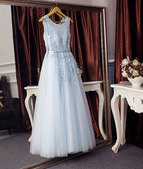 Light blue round neck lace tulle long prom dress blue evening dress
