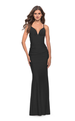 Deep V-neck tight corset with sleeveless thin shoulder straps and floor length Prom dress