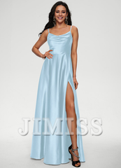 A-line draped floor-length satin prom dress