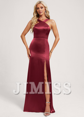 Trumpet/Mermaid Halter Neck Floor Length Satin Bridesmaid Dress