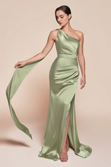 Luxury satin slim fit and floor length gown evening dresses on one shoulder