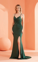 V-neck sleeveless slim shoulder strap with side slits and floor length Prom dress