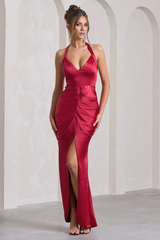 Satin low V hanging neck open back slit and floor length evening dress - jimiss Dress