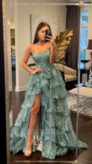 A-line Strapless Light Green Lace Tiered Long formal dresses Bridesmaid Dresses evening gown Prom Dress