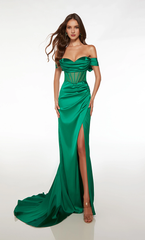 Satin off shoulder evening gown straight tube backless tight corset with front slit long formal dress