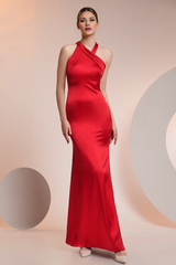 Mermaid asymmetrical collar satin drag and floor length evening gown
