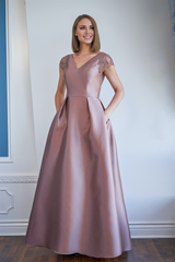 A-line front and back V-neckline sheer sleeves mother of bride dresses