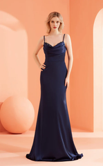A-line V-neck sleeveless tight corset with thin shoulder straps and floor length Prom dress