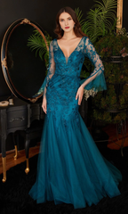 Peacock blue deep V-neck lace decal transparent trumpet sleeves fish tail prom dress