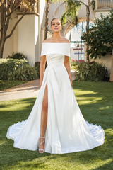 A-line off shoulder collar with side slit and floor length wedding dress