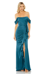 Off shoulder slim fit ruffle edge backless and floor length Prom dress