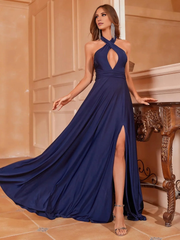 Hanging neck exposed back side slit and floor length formal dress