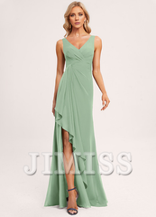 Ruffled A-line V-neck Floor-length Chiffon Bridesmaids Dress