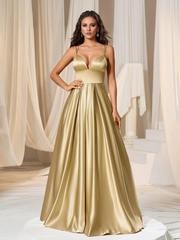 Deep V-neck satin thin shoulder strap and floor length formal dress