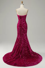 Fuchsia Sweetheart Neck Sequined Mermaid Prom Dress With Sweep Train Sparkly