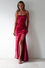 Thin shoulder strap with exposed back side slit and floor length Prom Dress - Jimiss Dress