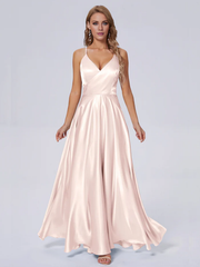 Elegant shoulder strap soft satin and floor length bridesmaid dress