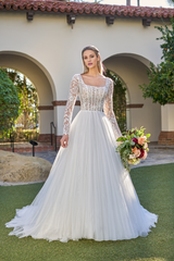 A-line square collar embroidered lace chiffon and floor length wedding dress