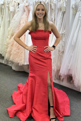 Jimiss off shoulder red satin slit with fish tail long dress