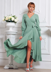 Jimiss V-neck long sleeved chiffon ruffle edge length Prom dress
