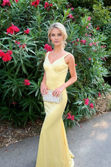 Jimiss V collar yellow backless mermaid long dress