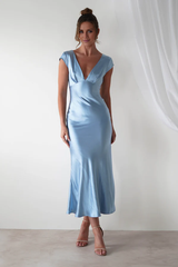 V-neck short sleeved satin long Prom dress - Jimiss Dress