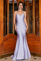 Lilac Purple Tail Hanging Neck Bare Back Long Evening Dress