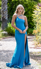 Long shoulder formal wear with asymmetrical shoulder straps and side slits Prom dress