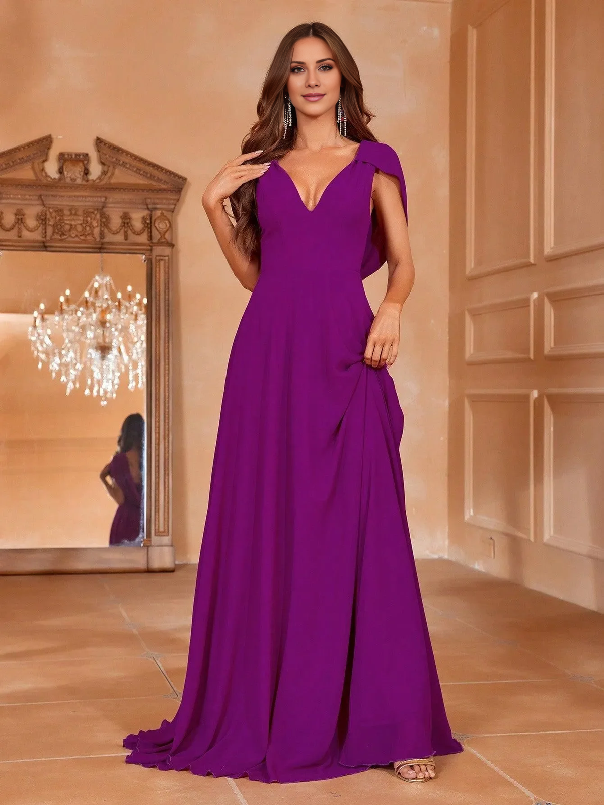 Solid color V-neck hanging back chiffon A-line and floor length Prom Dress - LD Dress