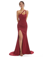 Sexy shoulder soft satin side slit fish tail long bridesmaid dress
