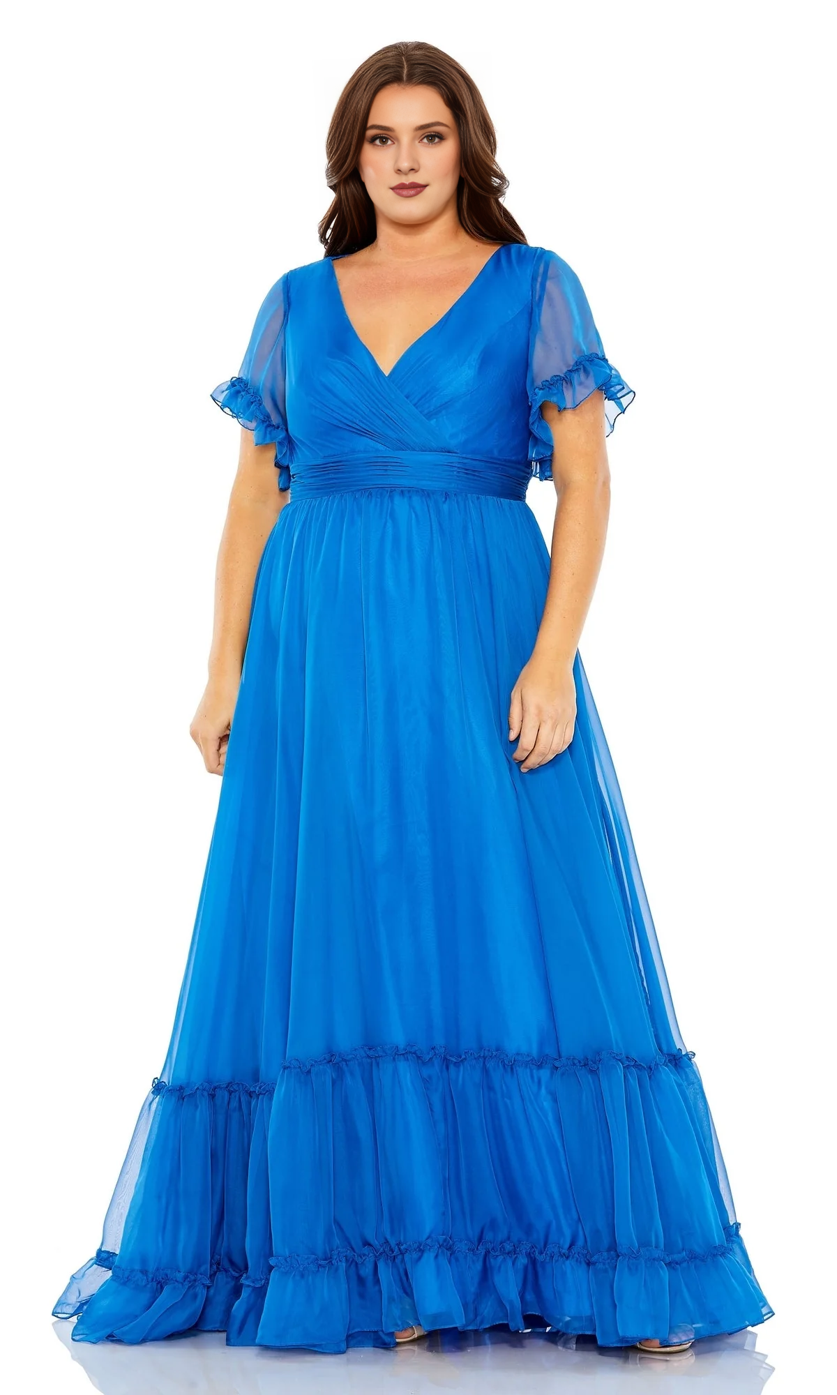 A-line short sleeved high waist and floor length Prom dress