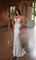 Perfect satin off shoulder slim fit trumpet shaped transparent lace tight corset wedding dresses