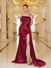 Satin backless slit thigh slim shoulder straps and floor length formal dresses