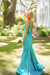 Simple Mermaid V Neck Green Satin Long Prom Dresses