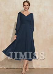 A-line V-neck tea-length chiffon pleated bridesmaid dress