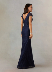 Mermaid V-Neck Pleated Lace Dark Navy formal dresses evening dress Mother of the Bride Dresses