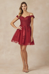 Leaf Embroidered Off Shoulder Short Dress